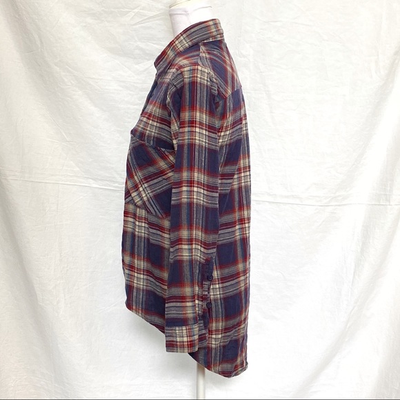 Blue red plaid flannel long sleeve button down top - Picture 4 of 7